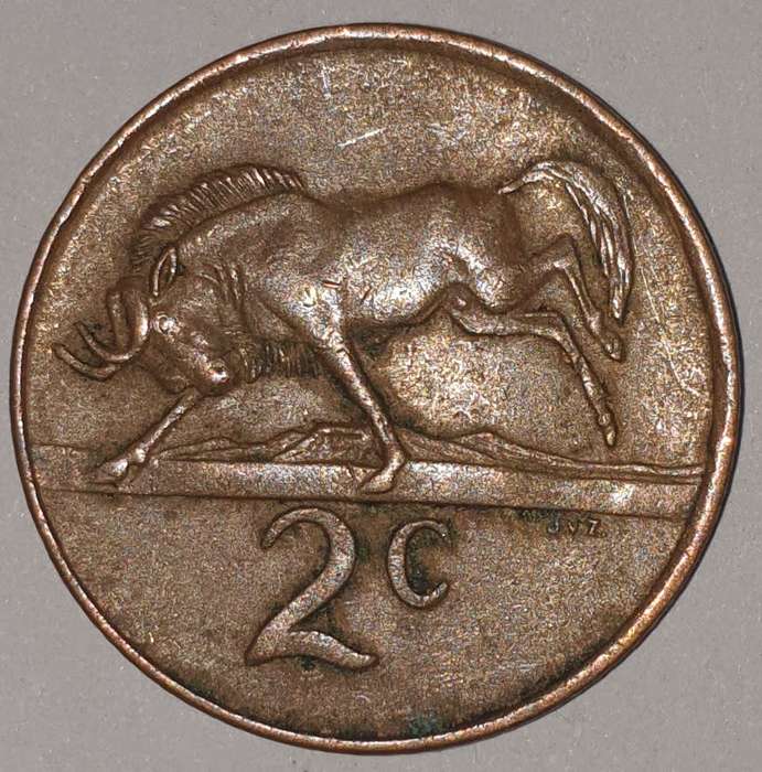 1983 - 2 CENT COIN (TWO CENT COIN) - RSA - BRONZE - KM#83 - BILINGUAL LEGEND - WILDEBEEST